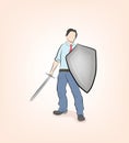 Businessman stands with a sword and shield. ready to defend and attack. business war. vector illustration.